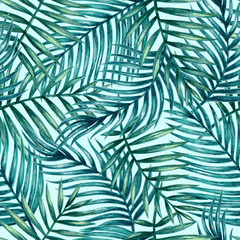 Watercolor tropical palm leaves seamless pattern. Vector illustration.  