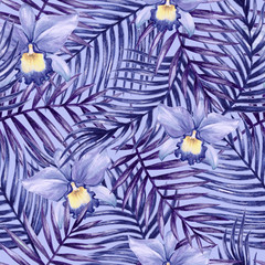 Watercolor orchid flower and palm leaves seamless pattern. Vector illustration.
