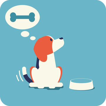 Beagle waiting for feeding. Cute beagle sitting near the bowl, wag its tail and dreaming about appetite bone. Flat design illustration.