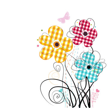 Abstract pink red flowers. Plaid pattern vector background