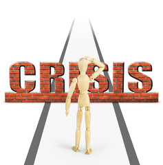 Crisis obstructs the way ahead for man. Abstract image with wooden puppet