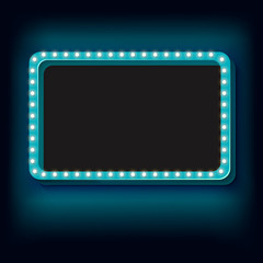Blue retro frame. Volumetric vintage frame with lights. Futile empty space for your text message advertising. Blue light lamps falls on a black background. illustration
