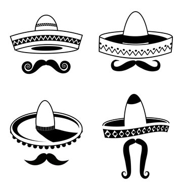 Cinco De Mayo sombrero and mustache black and white collection. royalty free stock illustration.