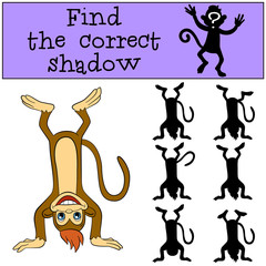 Children games: Find the correct shadow. Little cute monkey stands upside down and smiles.