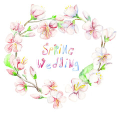 Spring, wedding, cherry, apple, flowers. Watercolor isolated object.