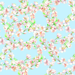 Сherry, apple, flowers.  Watercolor seamless pattern.