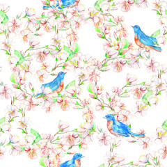 Сherry, apple, flowers, bird. Watercolor seamless pattern.