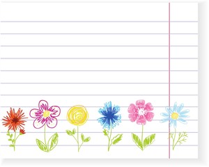 Sketch flowers on exercise book sheet. Vector
