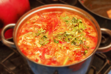 Fresh brewed red soup in pot