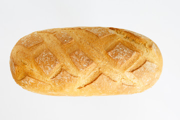 French baguette on a white background with space for text. product of flour. Bread long form. flat location a food on a white background. view from above