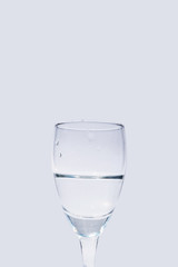 Close up water in wine glass on white background