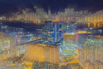 Abstract blurred building with lights in Hong Kong:ideal use for business and financial background.