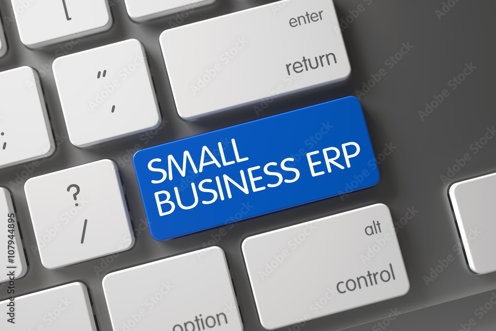 Poster computer keyboard button labeled small business erp. laptop keyboard with hot keypad for small busin
