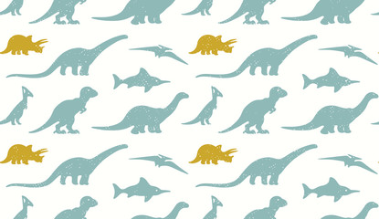 Dinosaurs silhouettes on white background. Seamless pattern
