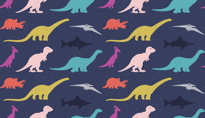 Dinosaurs silhouettes on white background. Seamless pattern