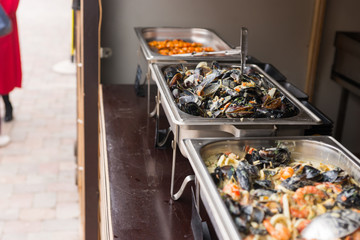 Assorted seafood on a buffet display