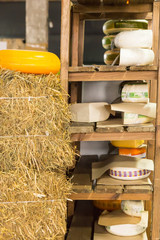 Assorted wheels of cheese on rustic wooden shelves