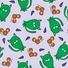 Seamless pattern with cats and mouses. Color doodle. Vector illu