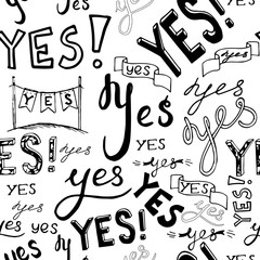 black white seamless vector pattern illustration with word yes.