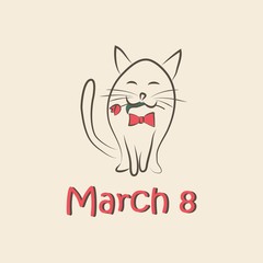 March 8. Cat with tulips. Card. Vector illustration