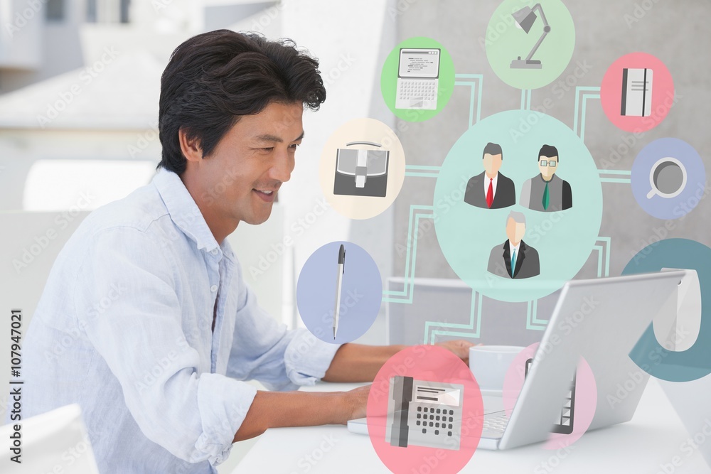 Poster composite image of happy man using laptop while having a coffee