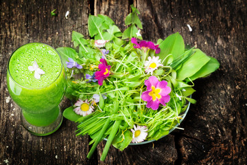Grüner Smoothie und Salat von Wildkräutern