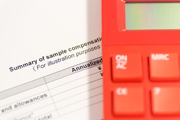 Colorful electronic calculator on the background of salary letter