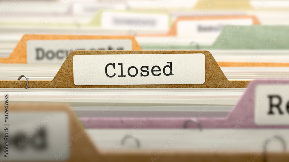 Poster file folder labeled as closed in multicolor archive. closeup view. blurred image. 3d render.