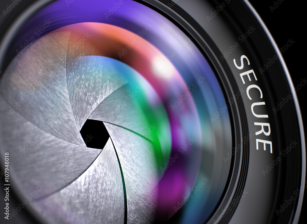 Poster secure concept. closeup of a digital camera lens with beautiful color lights reflections. secure - c