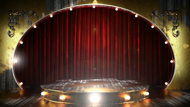 red curtain stage with golden podium and loop lights