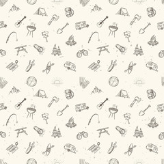 Hand drawn camping seamless pattern. 
