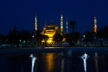 Fototapeta na wymiar View of the Blue Mosque (Sultanahmet Camii) at night in Istanbul, Turkey