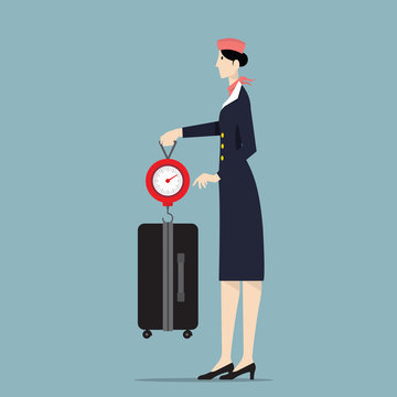 Airline Hostess Weighting Luggage With Scale.