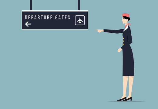 Airline Hostess Indicates Departure Gate Sign Board.