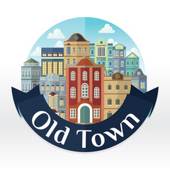 Old town square with blue sky background. Vector illustration