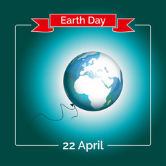 Vector poster for 22 April, Earth Day. International Mother Earth Day. The planet in blue and white colors. Globe and red ribbon as a concept for Earth Day. Template with Earth as a baloon.