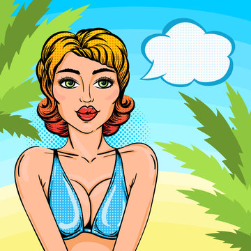 Pop art retro bikini woman on beach with thought bubble for message in comic style, vector