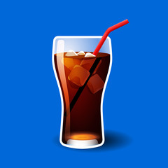 Cola or soda glass with ice cubes isolated on blue