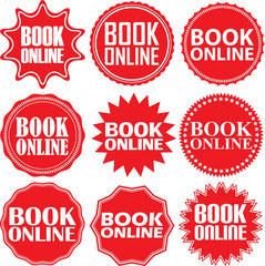 Book online red label. Book online red sign. Book online red ban