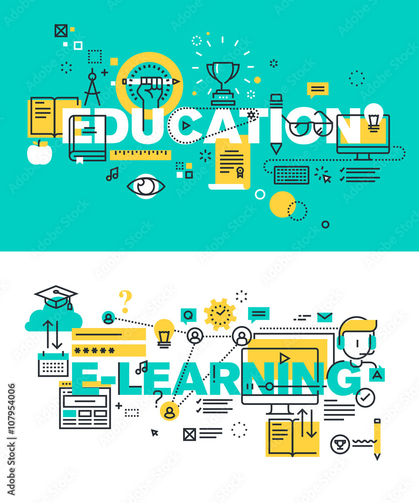 Poster set of modern vector illustration concepts of words education and e-learning. thin line flat design 