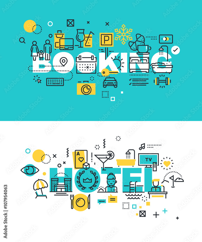Poster set of modern vector illustration concepts of words booking and hotel. thin line flat design banners