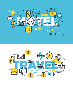Set of modern vector illustration concepts of words hotel and travel. Thin line flat design banners for website and mobile website, easy to use and highly customizable.