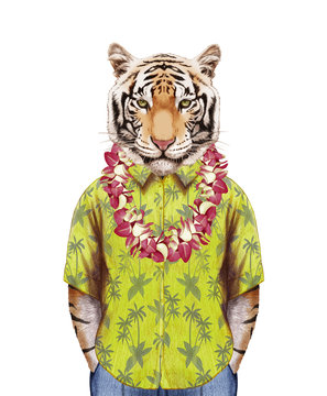 Portrait of Tiger in summer shirt with Hawaiian Lei. Hand-drawn illustration, digitally colored.