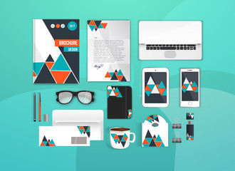 Colorful Corporate identity template set. Business stationery mock-up for branding design. Letter envelope, card, catalog, pen, pencil, notebook, tablet pc, mobile phone, letterhead, brochure cover.
