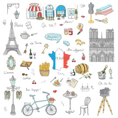 Naklejka premium Set of hand drawn French icons, Paris sketch vector illustration, doodle elements, Isolated France national elements, Travel to France icons for cards and web pages, Paris symbols collection