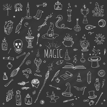 Hand drawn doodle Magic set Vector illustration wizardy, witchcraft symbols Isolated icons collections Cartoon sorcery concept elements Magic wand Love potion Fairy book Fairy tale Snake Crystal ball