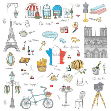 Set of hand drawn French icons, Paris sketch vector illustration, doodle elements, Isolated France national elements, Travel to France icons for cards and web pages, Paris symbols collection