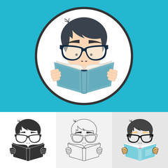 School student reading book icons set