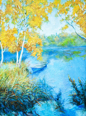 oil painting of a pond with boat - 107956438