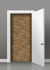 Brick wall of an open white door of the room. Lack of access, Deadlock